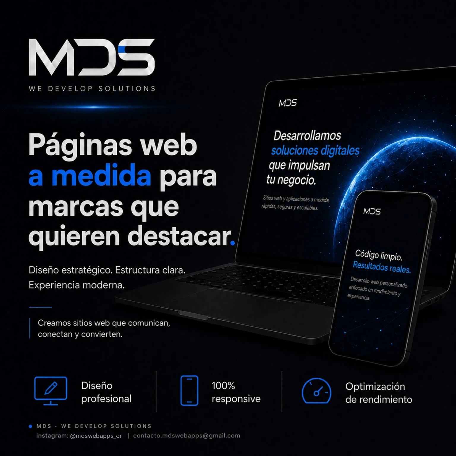 Diseño de un sitio web profesional de MDS mostrado en computadora y teléfono