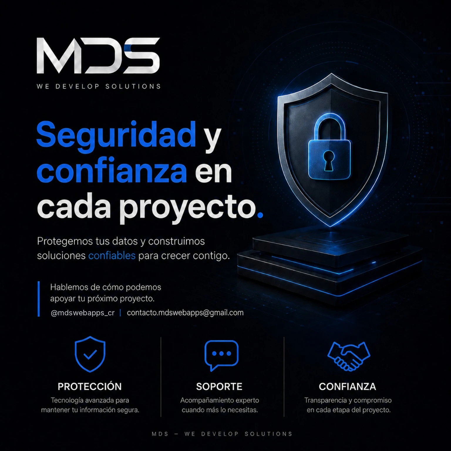 Escudo digital que representa seguridad, soporte y confianza en los proyectos de MDS